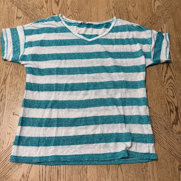 Chico’s Women’s 0 Small Sparkle Teal White Striped Tinsel Tee - Picture 1 of 7